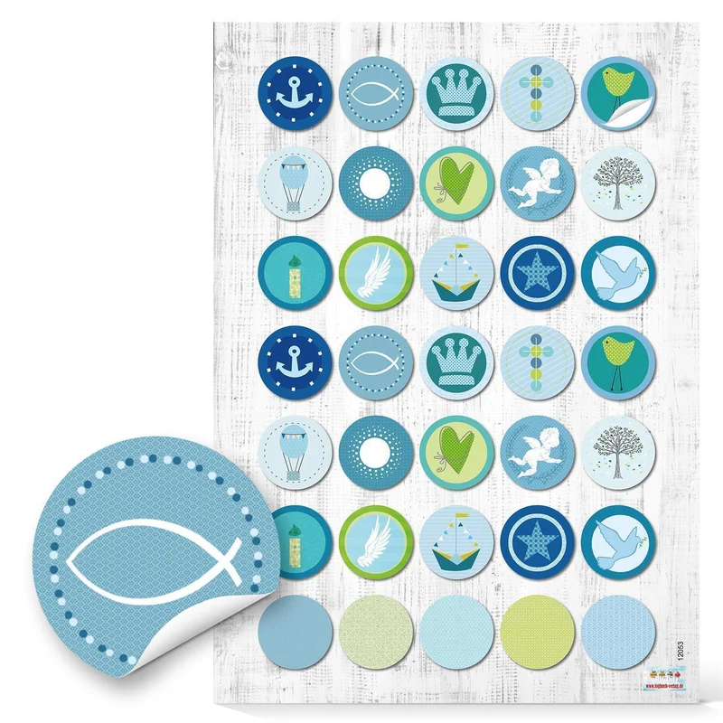 4 x 35 Stück runde 3 cm blau türkis grün hellblau maritime KINDER KOMMUNION TAUFE Aufkleber zur Verpackung mit Fische Anker Segelboot Schiff Engel Krone Kreuz Herz zur Deko Fest Geburtstag Jungen