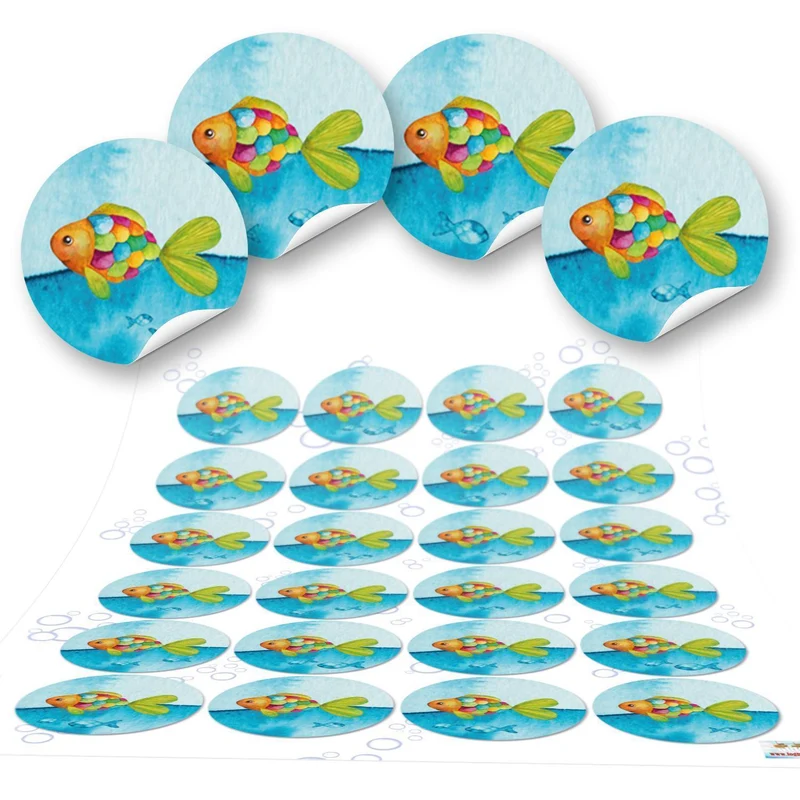 24 kleine 4 cm FISCHE maritime Aufkleber rund Kinderaufkleber blau türkis Kinder Sticker Taufe Kommunion Geschenkaufkleber Verpackung Regenbogen-Fisch Etiketten Tisch-Deko