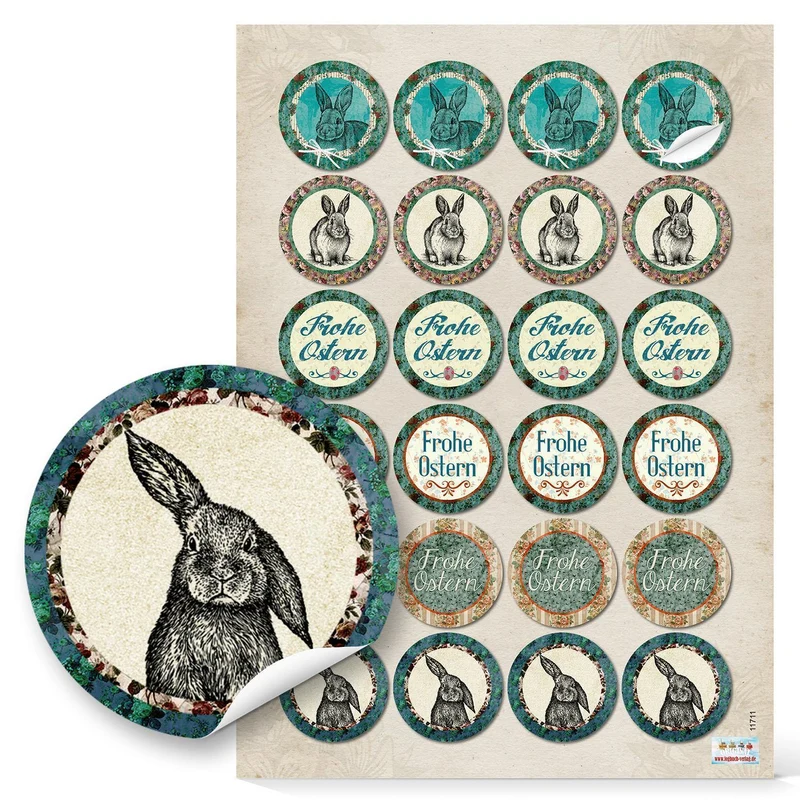 24 Stück grün braun beige natur retro vintage Osterhasen Osteraufkleber FROHE OSTERN Text nostalgie look - Ostergeschenke verzieren - Verpackung give-away Mitgebsel Hase Ostersticker Etiketten