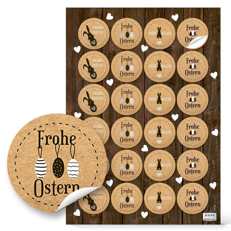 24 Stück runde braun schwarz weiße natur Osteraufkleber Osterhase Hase mit Herz FROHE OSTERN Text selbstklebende Etiketten Ostersticker Kraftpapier Look - Basteln Deko und Verpackung von Osternest