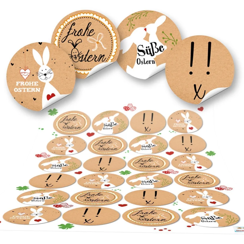 24 Stück kleine runde braun rot schwarz weiße Osteraufkleber Aufkleber Sticker Frohe Ostern Text in vier Designs selbstklebende Etiketten Ostersticker Kinder Erwachsene Kraftpapier Optik Herzen