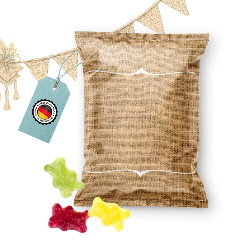 Fruchtgummi Tütchen Leinenoptik beige blanko – Tischkarte zum Beschriften