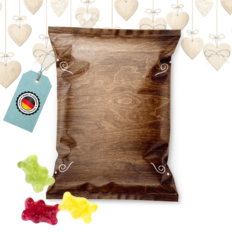 Fruchtgummi Tütchen Holzoptik blanko zum Beschriften – Tischkarte und Give-away