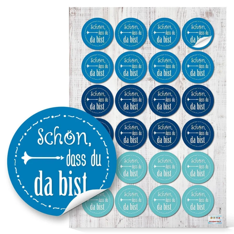 24 runde Aufkleber hellblau türkis blau SCHÖN DASS DU DA BIST 4 cm Geschenkaufkleber Etiketten für Hochzeit Taufe Kommunion Geburtstag Gastgeschenke give-away Deko Feste Geschenke Verpackung Mitgebsel