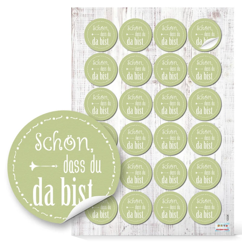 24 runde Aufkleber SCHÖN DASS DU DA BIST pistazie weiß grün hellgrün lindgrün maigrün 4 cm Etiketten Hochzeit Taufe Kommunion Geburtstag Gastgeschenke give-away Deko Geschenke Verpackung