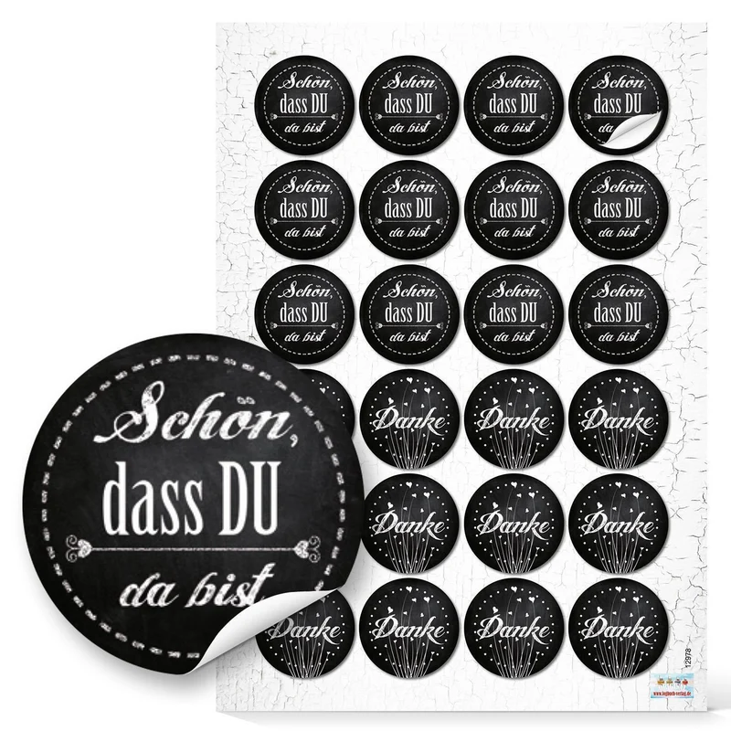 24 runde Aufkleber schwarz weiß 12 x SCHÖN DASS DU DA BIST 4 cm 12 x DANKE Etiketten vintage für Hochzeit Taufe Kommunion Geburtstag Gastgeschenke give-away Deko Geschenke Verpackung 4 cm