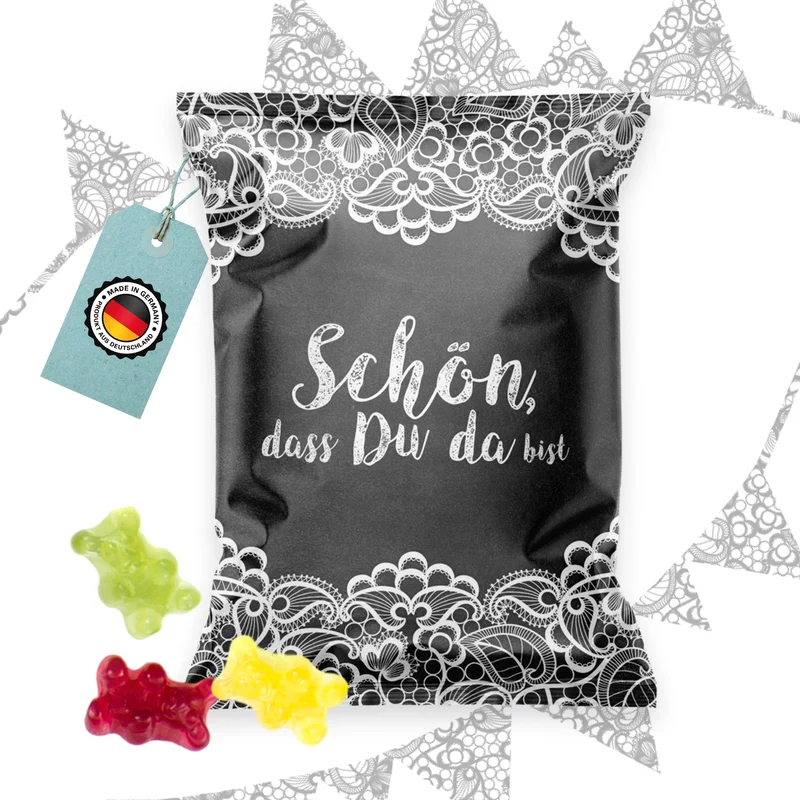 Fruchtgummi Tütchen Schön, dass du da bist schwarz weiß – Gastgeschenk Hochzeit
