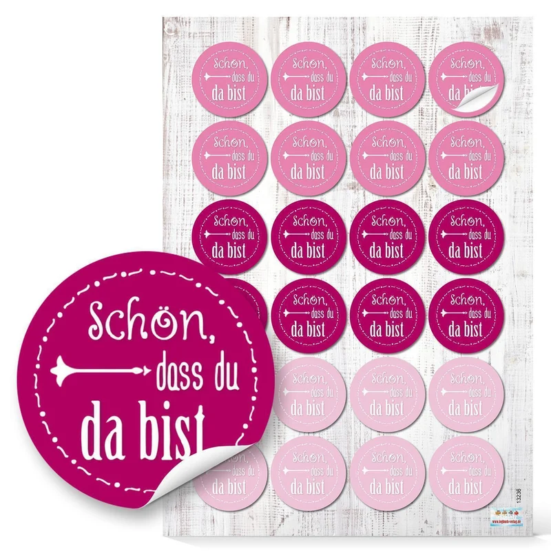24 runde Aufkleber pink rosa rose SCHÖN DASS DU DA BIST 4 cm Sticker Etiketten für Hochzeit Taufe Kommunion Geburtstag Gastgeschenke give-away Deko Mitgebsel Feste Geschenke Verpackung