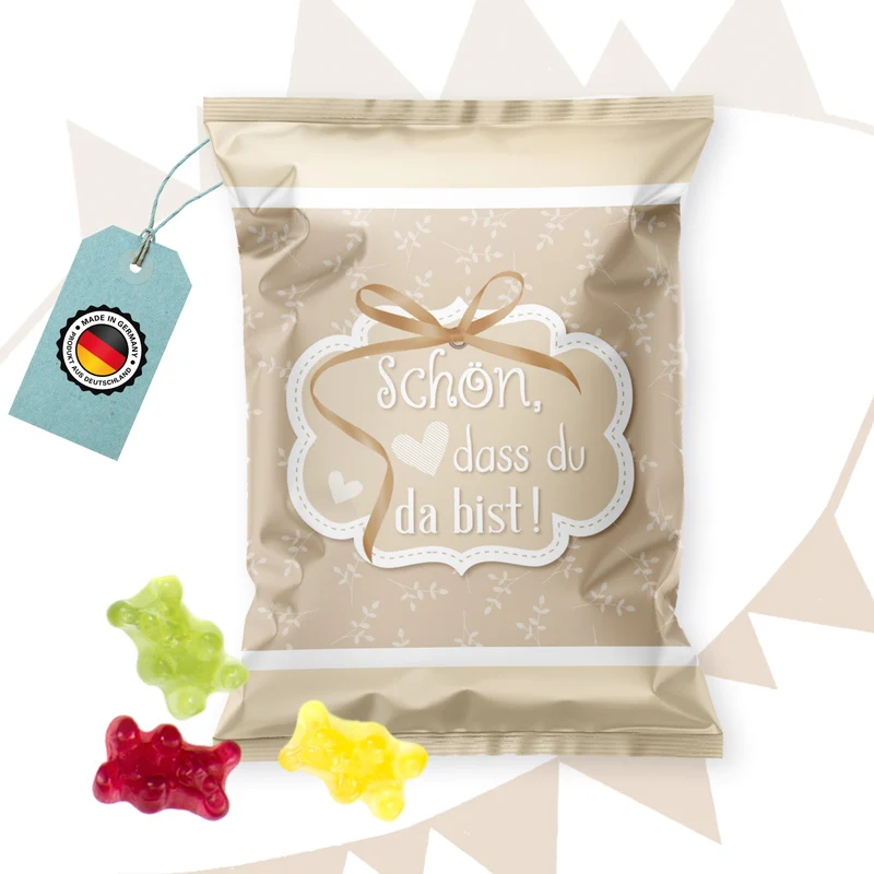 Fruchtgummi Tütchen Schön, dass du da bist beige creme – Gastgeschenk Hochzeit vintage