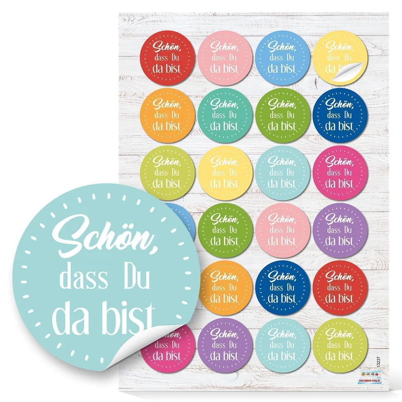 24 runde Aufkleber bunt rosa gelb blau grün SCHÖN DASS DU DA BIST 4 cm Sticker Etiketten für Hochzeit Taufe Kommunion Geburtstag Gastgeschenke give-away Deko Mitgebsel Feste Geschenke Verpackung