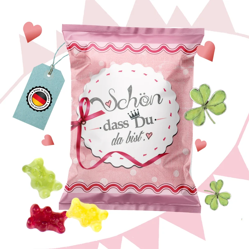 Fruchtgummi Tütchen Schön, dass du da bist rosa mit Krone – Gastgeschenk für Gäste