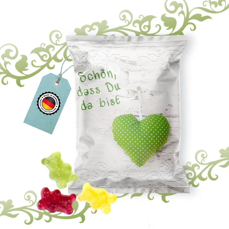 Fruchtgummi Tütchen Schön, dass du da bist Herz grün weiß – Gastgeschenk Hochzeit