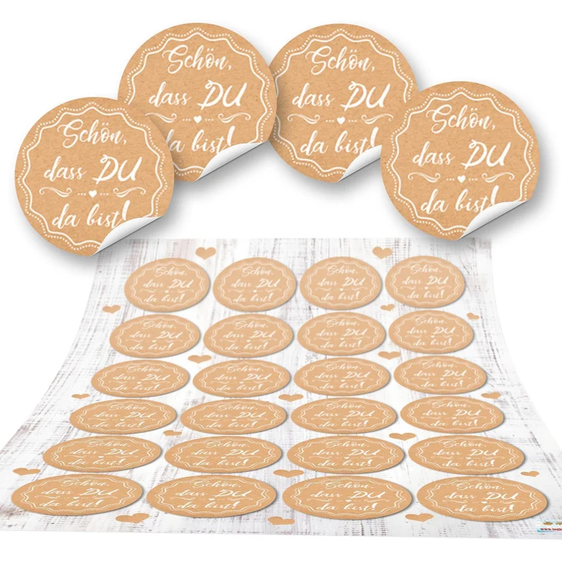 24 runde SCHÖN DASS DU DA BIST Aufkleber beige weiß natur Herz creme-farben hell-braun selbstklebende Etiketten Hochzeits-Deko Fest Kommunion Geschenkaufkleber