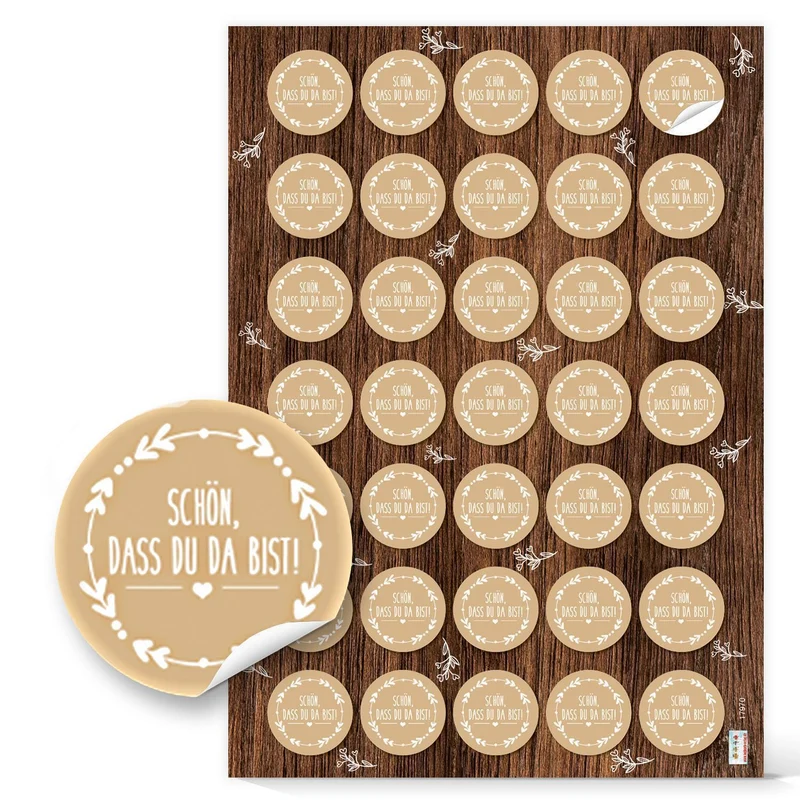 Logbuch-Verlag 140 runde Aufkleber SCHÖN DASS DU DA BIST beige natur weiß Ø 3,2 cm Vintage Geschenkaufkleber Gastgeschenk Verpackung Hochzeit Geburtstag