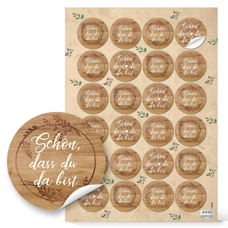 Logbuch-Verlag 24 SCHÖN DASS DU DA BIST Aufkleber 4 cm Holzoptik natur Holz braun - Begrüßung Gastgeschenk DIY Tischkarte Sticker Hochzeit Geburtstag