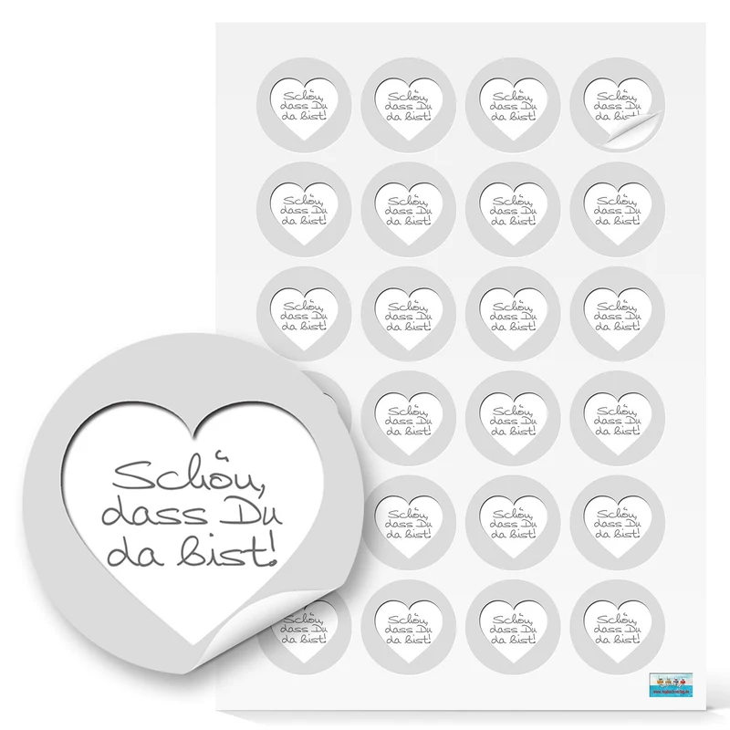 24 runde weiß grau silber shabby Aufkleber SCHÖN DASS DU DA BIST HERZ Text 4 cm Sticker Etiketten Hochzeit Taufe Geburt Kommunion Fest Geburtstag Verpackung Deko Gastgeschenke give-away