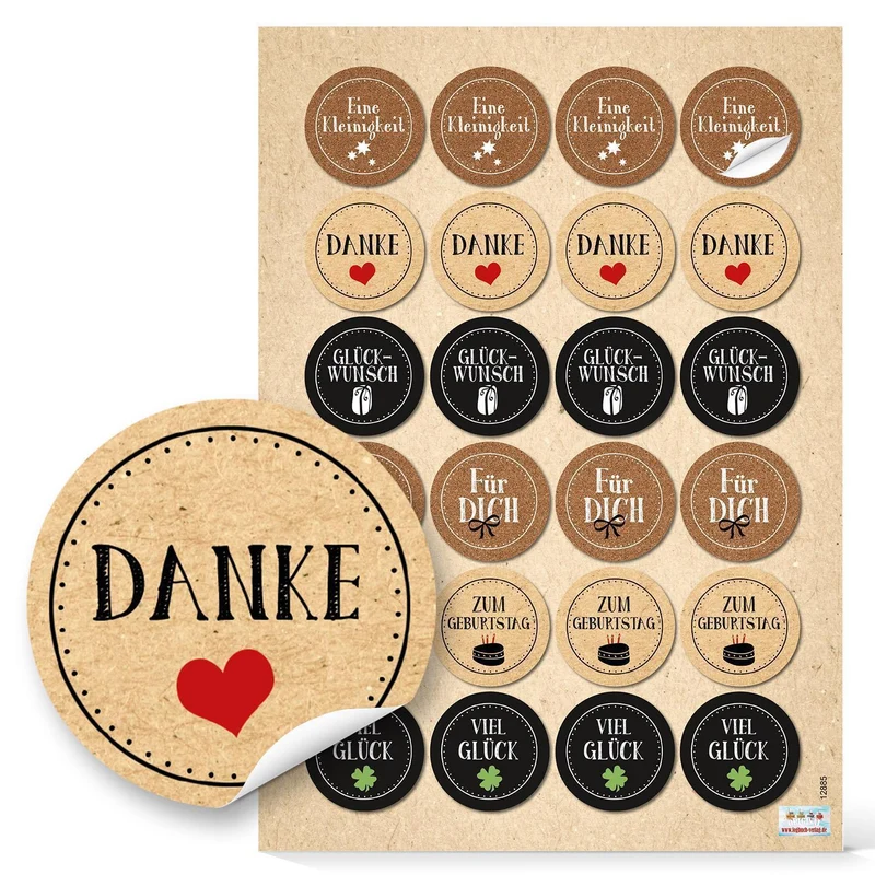 24 runde Aufkleber DANKE GLÜCKWUNSCH FÜR DICH VIEL GLÜCK Herz Kleeblatt rot grün beige natur schwarz weiß Kraftpapier Geschenkaufkleber Verpackung Geschenke Sticker Etiketten zum Geburtstag