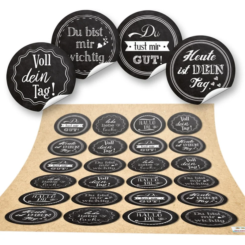 24 runde Aufkleber SPRÜCHE Motivation Glück Zitat schwarz weiß Lieblingsmensch Geschenkaufkleber selbsteklebende Sticker Etiketten basteln verpacken Geschenke