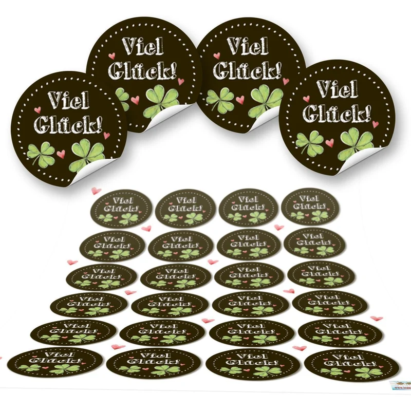 24 runde schwarz grün rot Kleeblatt Glücksklee Aufkleber Sticker selbstklebende Etiketten Verpackung Geschenke Kunden Mitgebsel Gastgeschenk