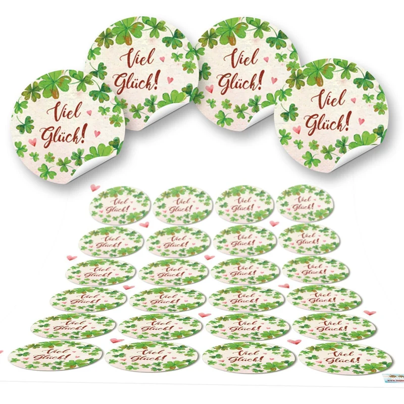 24 Kleeblatt VIEL GLÜCK rot grün natur runde 4 cm Aufkleber selbstklebende Etiketten Geschenkaufkleber Verpackung Hochzeit Weihnachten Silvester