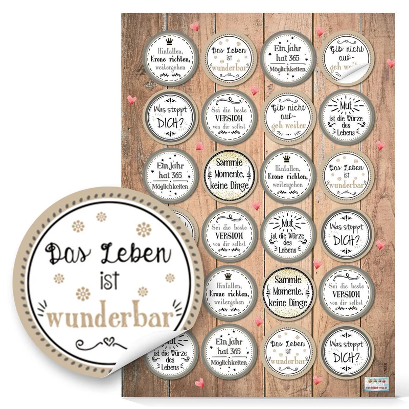 Logbuch-Verlag 24 Aufkleber Motivation Sprüche rund beige grau Motivationssticker Belohnung Mut Glück Wünsche basteln dekorieren Verpackung