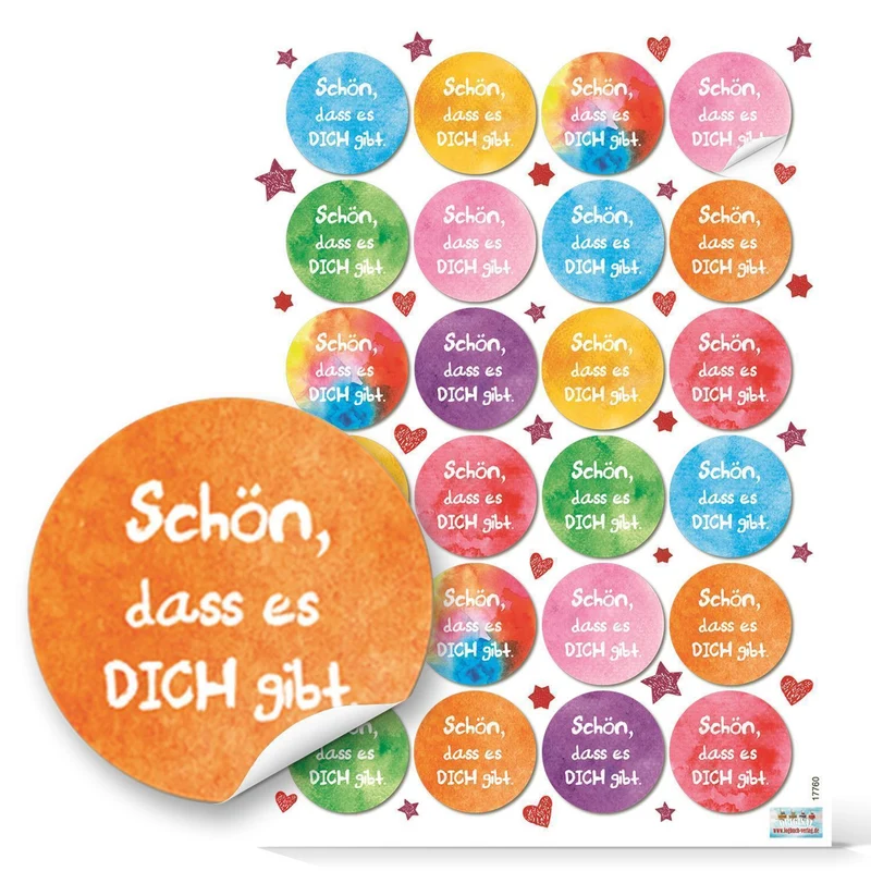 Logbuch-Verlag 24 bunte runde Aufkleber SCHÖN DASS ES DICH GIBT 4 cm Sticker Etiketten Verpackung Geburtstag Freunde Familie Kinder Geschenk Muttertag