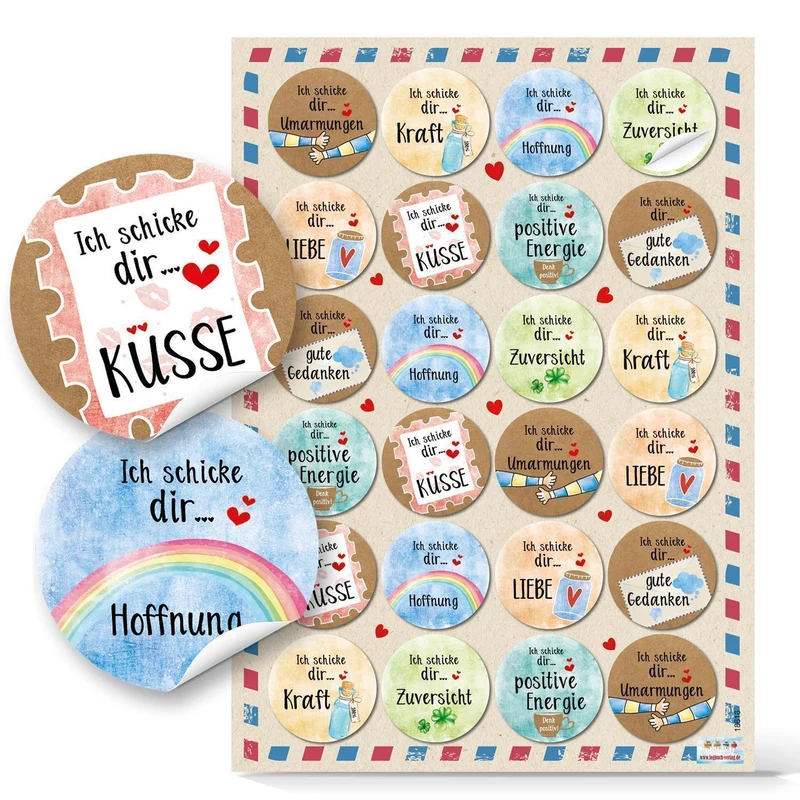 Logbuch-Verlag 24 bunte Aufkleber Ø 4 cm gute Wünsche positive Gedanken Briefmarken Optik - Zuversicht Hoffnung - Verzierung Brief Post Geschenke