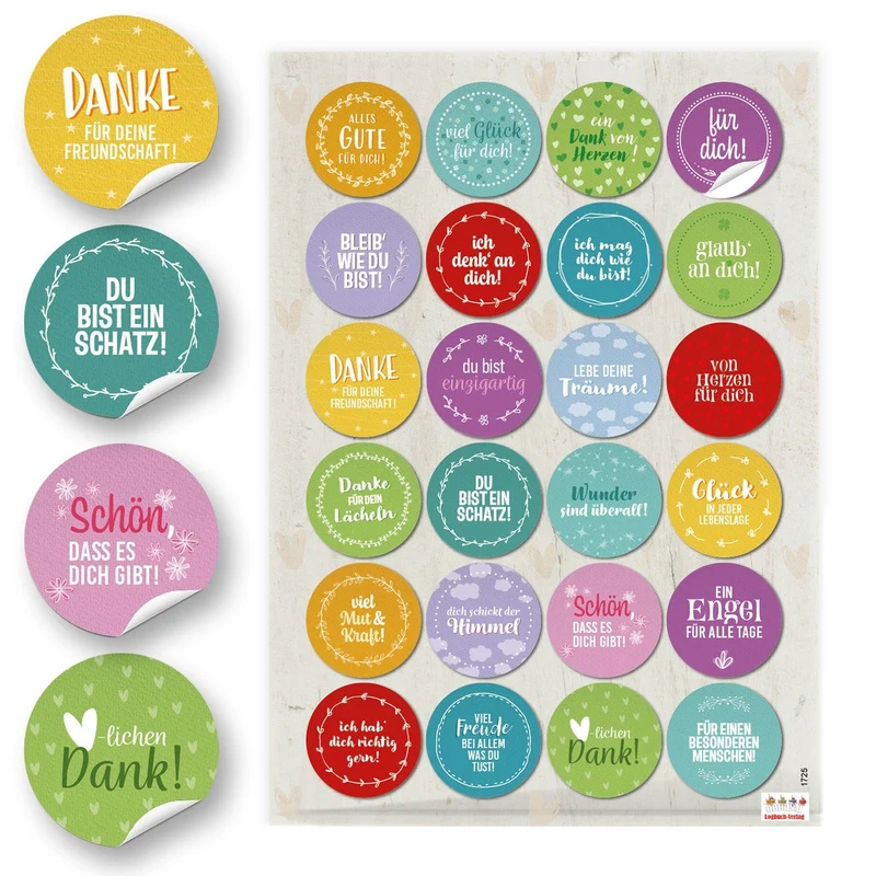 24 kleine runde bunte farbige SPRÜCHE Aufkleber 4 cm Sticker Liebe Freundschaft Lieblingsmensch Herzensmensch Glück Motivation Geschenkaufkleber Etiketten Verpackung Geschenke blau rot gelb türkis grün pink rosa.