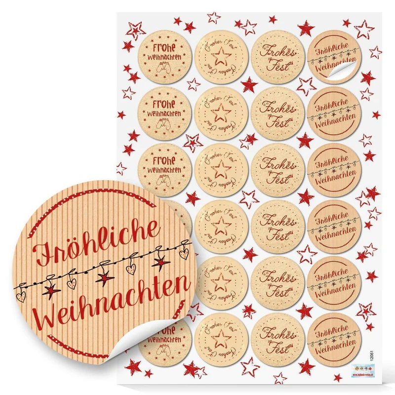 24 Weihnachtsaufkleber Aufkleber rot beige natur FROHE WEIHNACHTEN Ø 4 cm Sticker Geschenkaufkleber give-away Kunden-Geschenke Etiketten Geschenkverpackung weihnachtlich Papiertüten zukleben