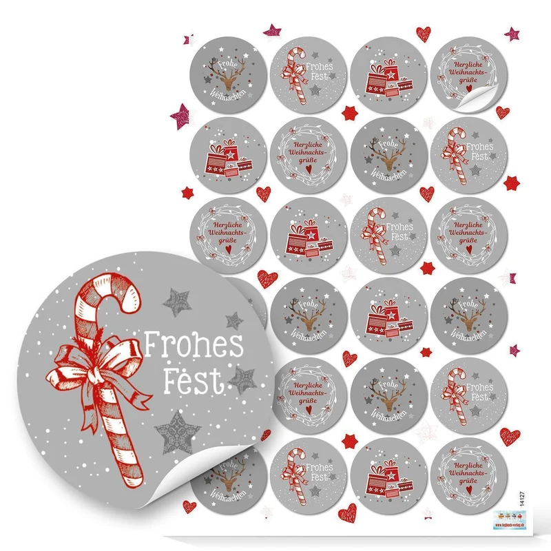 Logbuch-Verlag 24 Weihnachtsaufkleber rund rot weiß grau Geschenk-Aufkleber Verpackung Weihnachtsgeschenk Sticker Etiketten 4 cm Weihnachtsverpackung
