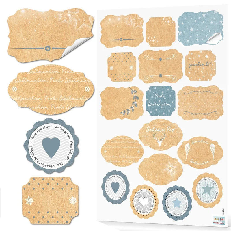 Logbuch-Verlag 17 Weihnachtsaufkleber Aufkleber Weihnachten natur beige Kraftpapier hell-blau shabby Geschenkaufkleber Sticker Verpackung Weihnachtsgeschenke Namensaufkleber