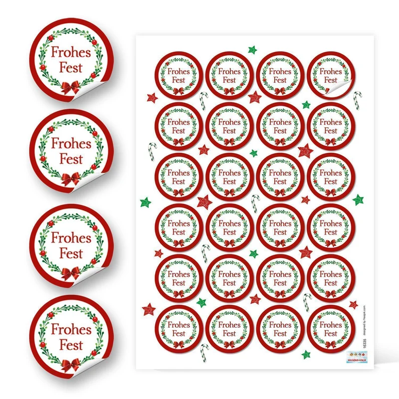 24 weihnachtliche Aufkleber rund ROT GRÜN weiß FROHES FEST Geschenkaufkleber Text 4 cm Verpackung Weihnachtsgeschenke