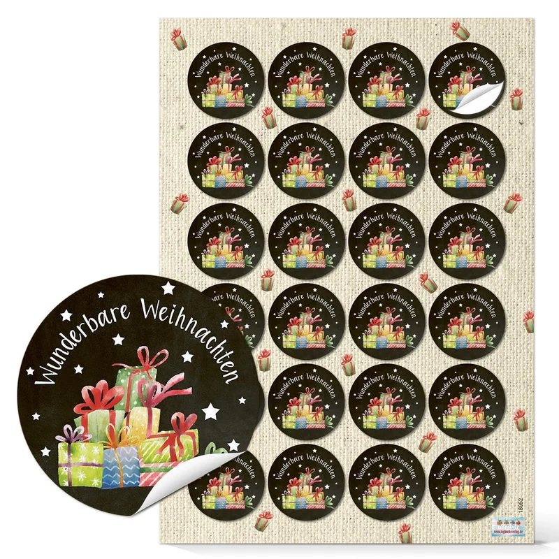 Logbuch-Verlag 24 Weihnachtssticker Aufkleber rund WUNDERBARE WEIHNACHTEN schwarz weiß rot bunt 4 cm selbstklebend Etiketten Geschenkverpackung Geschenke Verpackung