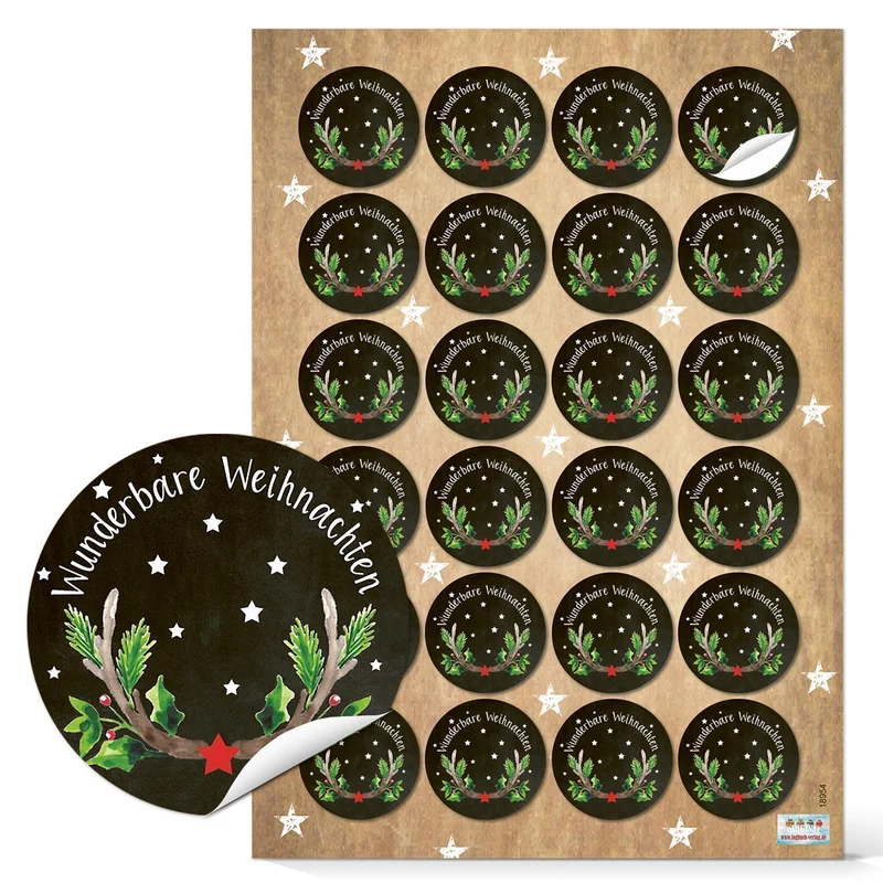 Logbuch-Verlag 24 runde Weihnachtsaufkleber WUNDERBARE WEIHNACHTEN schwarz rot grün Geweih Hirsch selbstklebend Etiketten Verpackung Geschenke