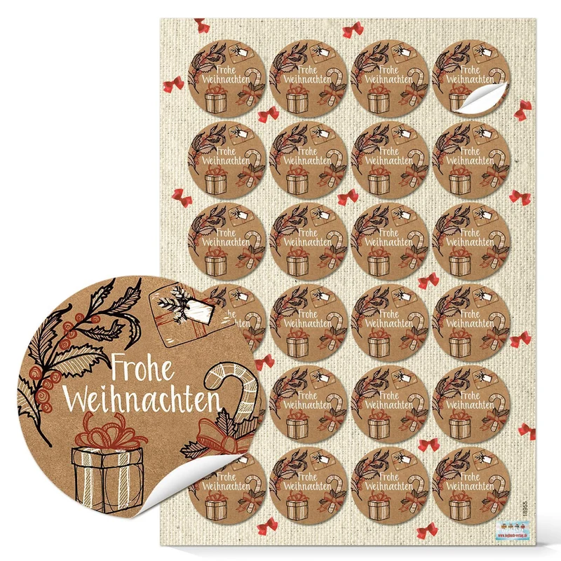 Logbuch-Verlag 24 Weihnachtsaufkleber rund vintage Kraftpapier FROHE WEIHNACHTEN Text Geschenkaufkleber Weihnachtgeschenke Verpackung Kunden