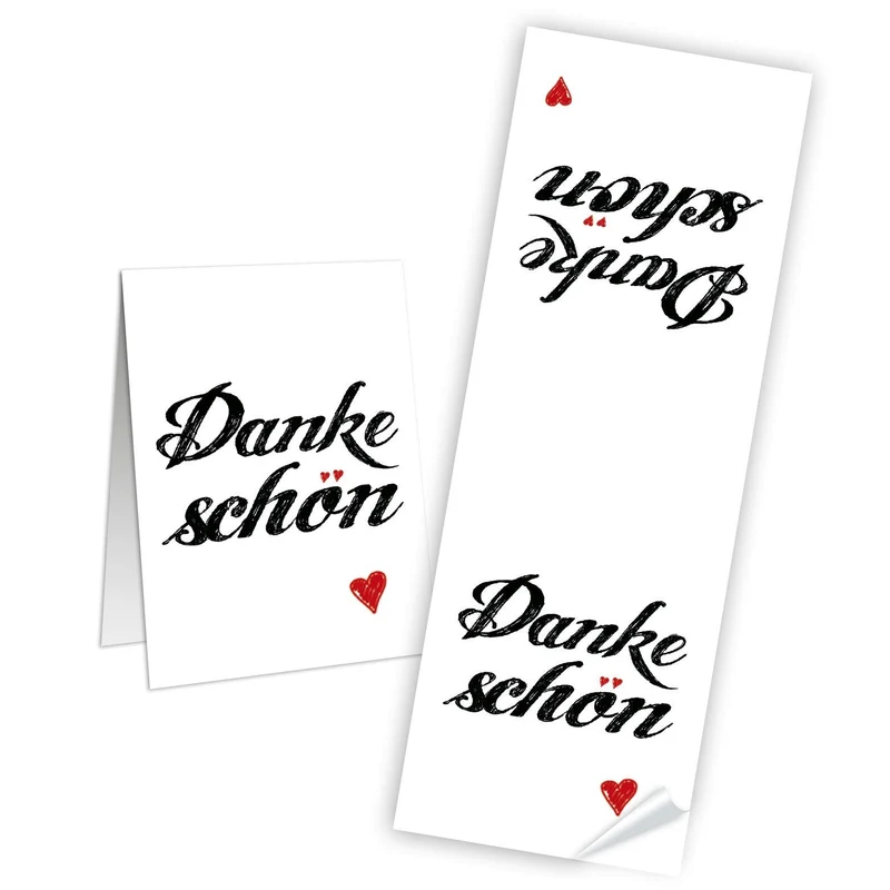 10 große DANKESCHÖN Aufkleber 7,2 x 21 weiß rot schwarz mit Herz - Dankeaufkleber lang