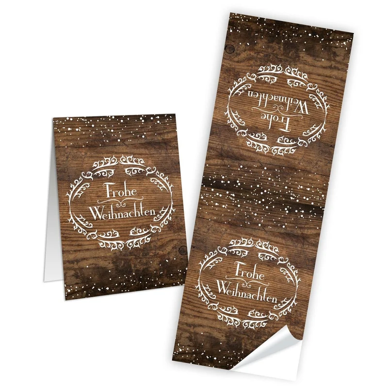 10 Weihnachtsaufkleber Geschenk-Aufkleber FROHE WEIHNACHTEN braun weiß Holz-Optik rustikal 5 x 14,8 cm - Verpackung Geschenke Papiertüten zukleben Sticker Banderolen alt vintage