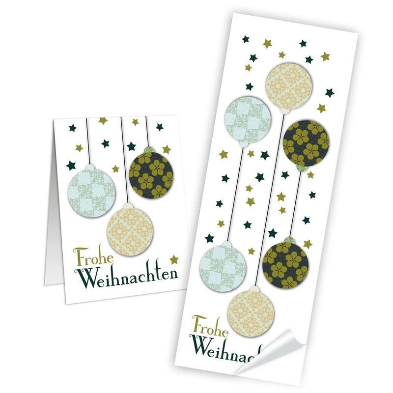 100 weiße Aufkleber Sticker 5 x 14,8 cm FROHE WEIHNACHTEN weiß grün Kugeln retro shabby Weihnachtsaufkleber Verpackung Geschenke Geschenkaufkleber Banderolen Verzierung 5 x 14,8 cm