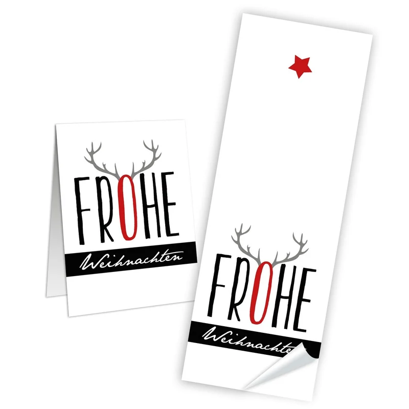 Logbuch-Verlag 10 weiße Aufkleber Sticker FROHE WEIHNACHTEN Rentier Hirsch rot schwarz 5 x 14,8 cm Verpackung Geschenke Papiertüten weihnachtlich