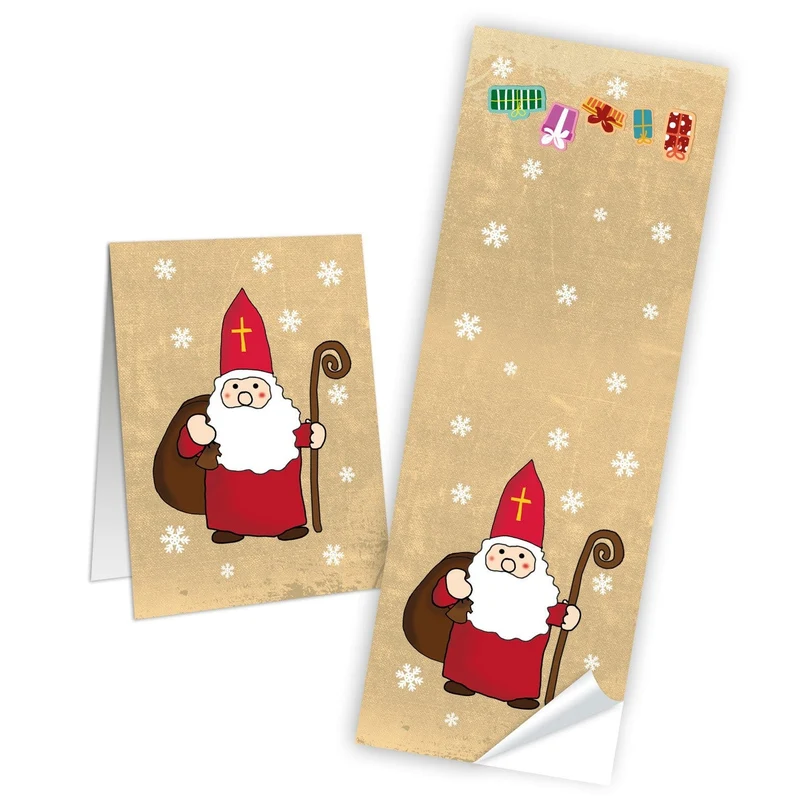 10 Aufkleber Sticker HEILIGER NIKOLAUS rot weiß natur Weihnachtsmann Geschenkaufkleber Weihnachten Banderole 5 x 14,8 cm Papiertüten verschließen Verpackung Geschenke Weihnachtsaufkleber