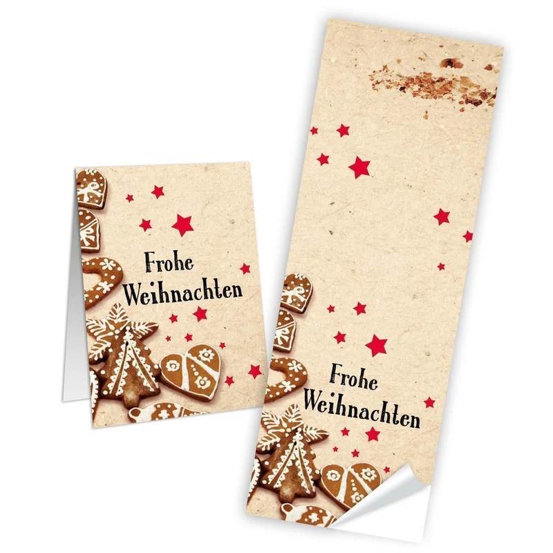 10 Weihnachtsaufkleber FROHE WEIHNACHTEN Aufkleber Lebkuchen rot beige natur Plätzchen Sticker 5 x 14,8 cm selbstklebende Etiketten für Papiertüten Geschenktüten als Verpackung