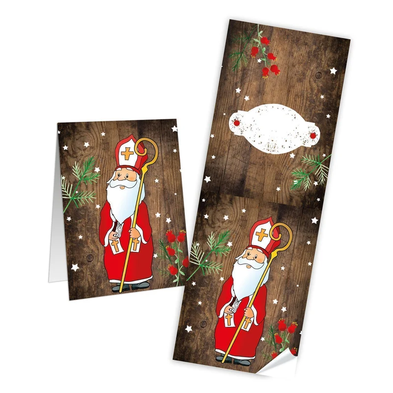 10 lange Weihnachtsaufkleber HEILIGER NIKOLAUS rot weiß braun Aufkleber Weihnachten 7 x 21 cm kleine Geschenkaufkleber Verpackung Geschenke weihnachtlich Papiertüte zukleben