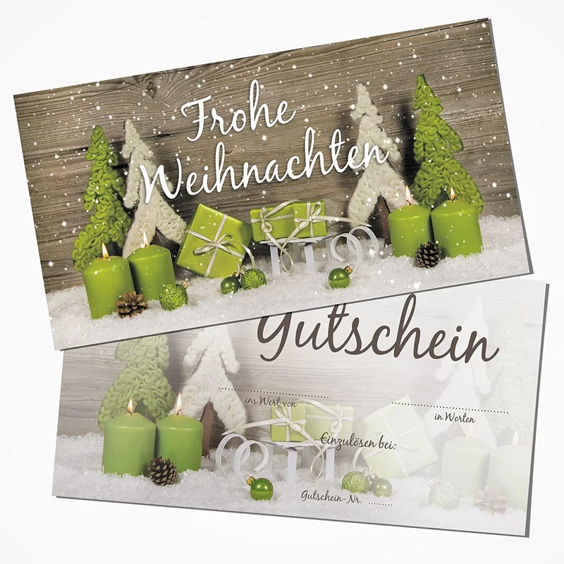 10 Stück Weihnachtsgutschein Gutschein Weihnachten Einkaufsgutschein Text FROHE WEIHNACHTEN doppel-seitig 21 x 10,5 cm DIN lang hell-grün grün weiß grau weihnachtlich Kunden-Gutschein