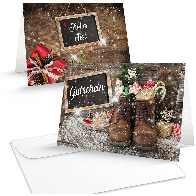10 Stück Weihnachtsgutschein SCHUHE rot grün braun vintage Gutschein weihnachtlich für Kunden Mitarbeiter Freunde als Geschenk zu Weihnachten MIT KUVERT B6 zum Aufklappen