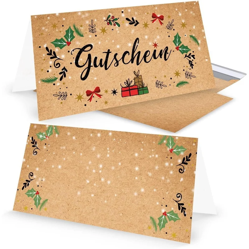 10 Stück Weihnachtsgutschein rot grün natur Gutschein weihnachtlich für Kunden Mitarbeiter Freunde als Geschenk zu Weihnachten MIT KUVERT DIN lang zum Aufklappen Kraftpapier