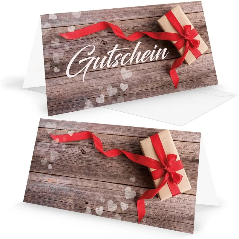10 Stück Gutscheine Klapp-Karte Geschenkgutscheine rot weiß HERZEN SCHLEIFE für Kunden Mitarbeiter Freunde Geschenk zu Weihnachten Geburtstag Valentinstag MIT KUVERT DIN lang zum Aufklappen
