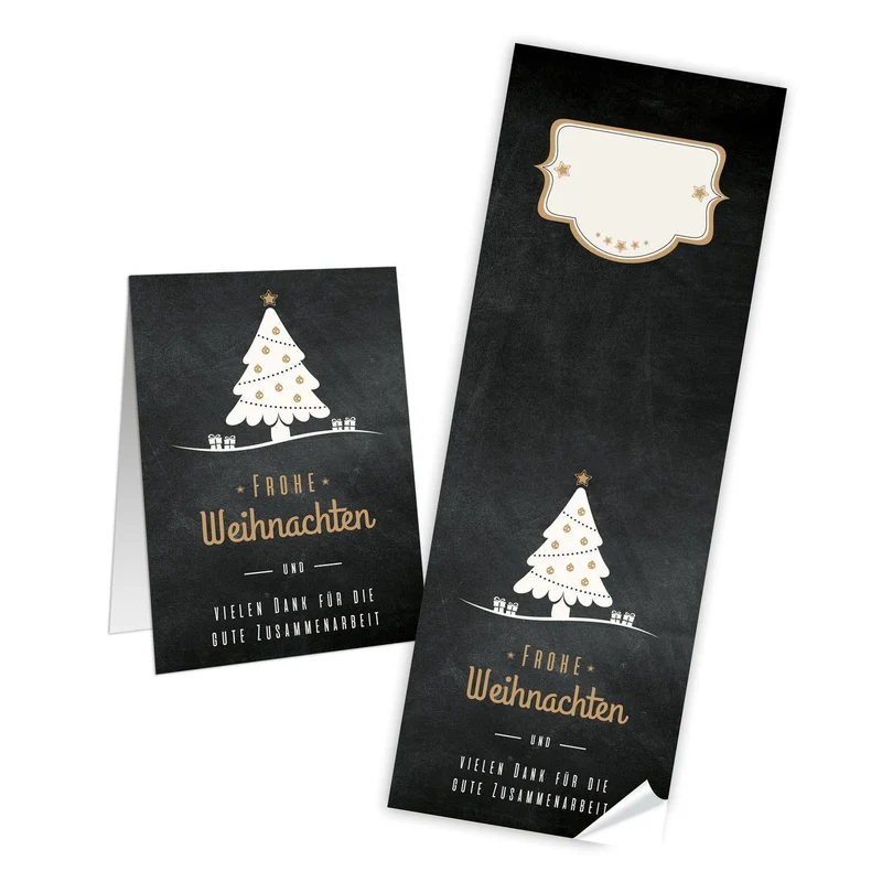 10 lange Weihnachtsaufkleber BAUM schwarz weiß FROHE WEIHNACHTEN TEXT 7 x 21 cm teilbar Geschenk-Aufkleber Kunden Verpackung weihnachtlich Papiertüten zukleben Weihnachts-deko
