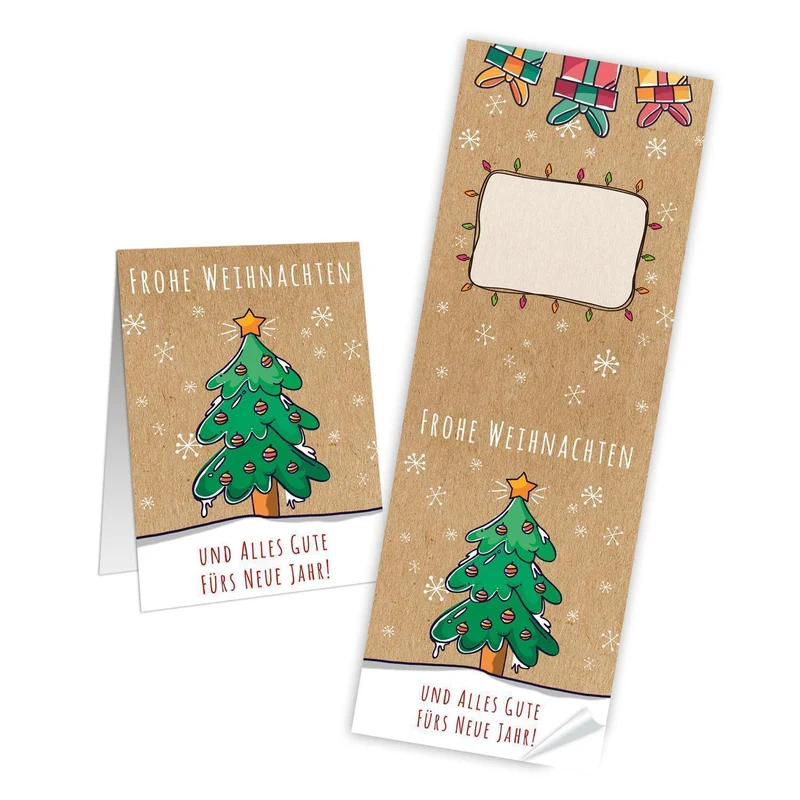10 lange Weihnachtsaufkleber Baum grün rot beige natur + UND ALLES GUTE FÜRS NEUE JAHR FROHE WEIHNACHTEN UND ALLES GUTE FÜRS NEUE JAHR 7 x 21 cm Geschenk-Aufkleber Verpackung weihnachtlich Papiertüten