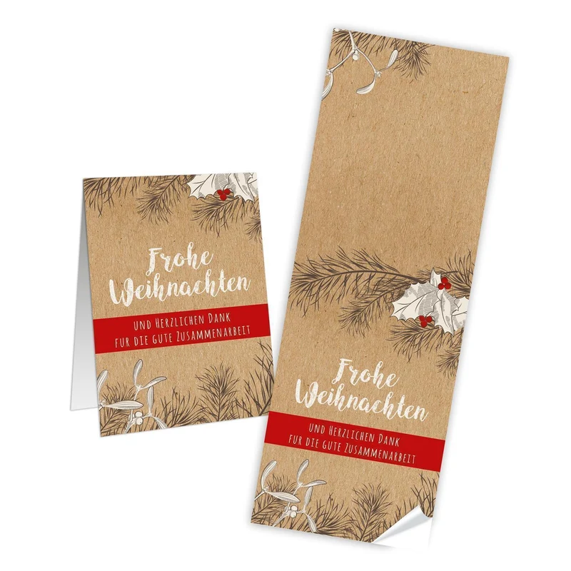 10 lange Weihnachtsaufkleber in natur MISTEL grau beige rot + Text FROHE WEIHNACHTEN TEXT 7 x 21 cm teilbar Geschenk-Aufkleber Kunden Verpackung weihnachtlich Papiertüten zukleben Weihnachts-deko