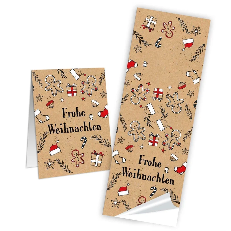 10 lange Weihnachtsaufkleber LEBKUCHENMANN Kraftpapier rot schwarz beige weiß Aufkleber Weihnachten 5 x 14,8 cm kleine Geschenkaufkleber Verpackung Geschenke weihnachtlich Papiertüte zukleben